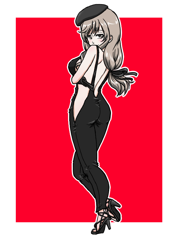 1girl black_hat black_overalls black_ribbon from_behind girls_und_panzer green_eyes grey_hair hand_fan hat holding holding_fan long_hair low_ponytail mature_female naked_overalls overalls pants ponytail red_background ribbon shimada_chiyo simple_background takahashi_kurage