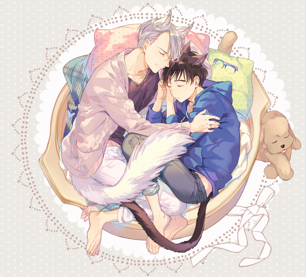 2boys animal_ears barefoot black_hair blanket blue-framed_eyewear cat_ears cat_tail denim dog extra_ears closed_eyes unworn_eyewear glasses hood hoodie jeans katsuki_yuuri kemonomimi_mode kuroemon lying makkachin male_focus multiple_boys on_side pants pillow silver_hair sleeping smile sweater tail viktor_nikiforov yuri!!!_on_ice