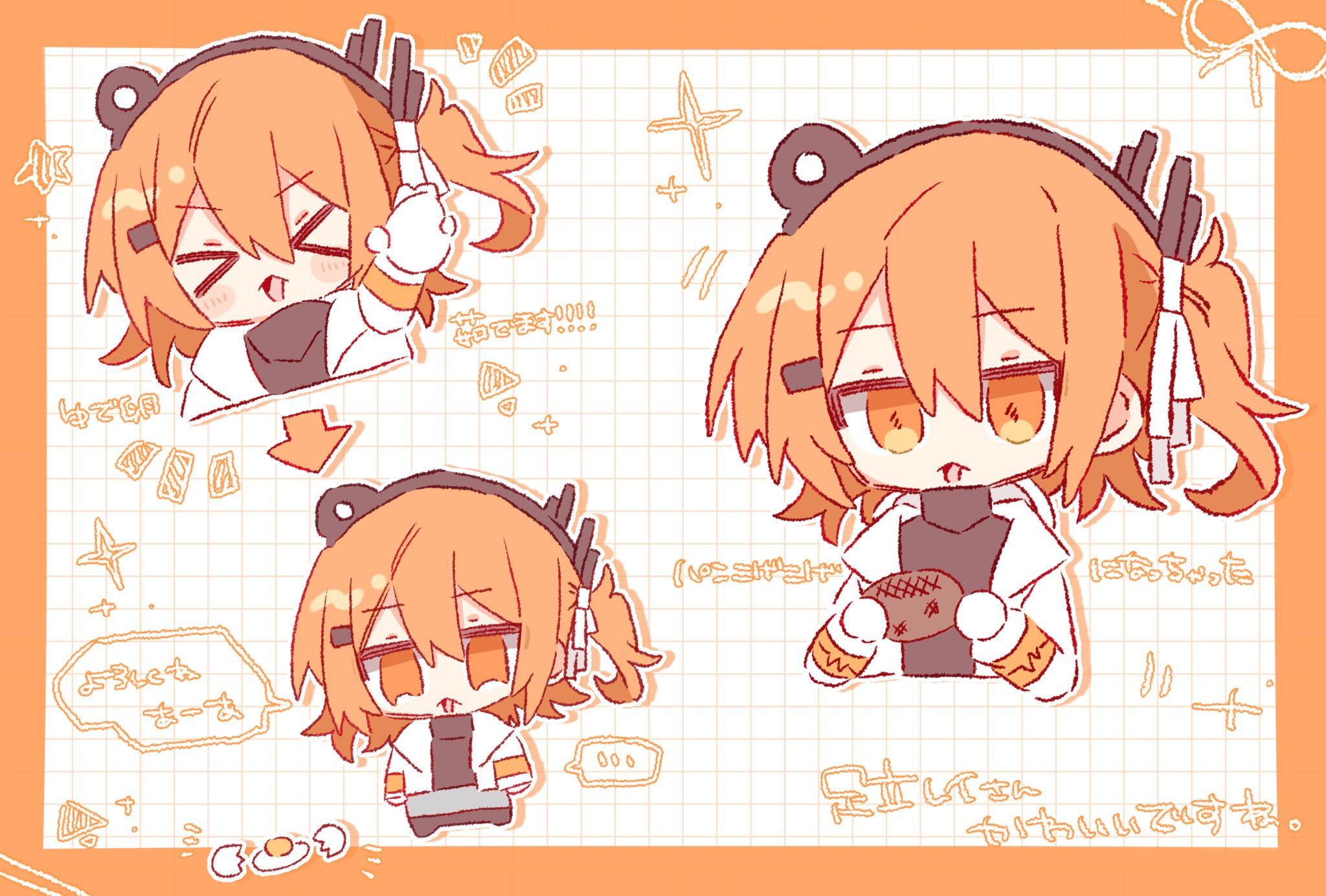 >_< 1girl a.i._voice adachi_rei black_shirt border bread burnt_food chibi chibi_only commentary cracked_egg egg food grid_background hair_ribbon headlamp highres holding holding_egg holding_food jacket long_sleeves medium_hair multiple_views nanashi_(pos_t_0w0) one_side_up open_clothes open_jacket open_mouth orange_border orange_eyes orange_hair pan_kogekoge_ni_nacchatta_(utau) radio_antenna ribbon shirt symbol-only_commentary utau white_background white_jacket white_ribbon