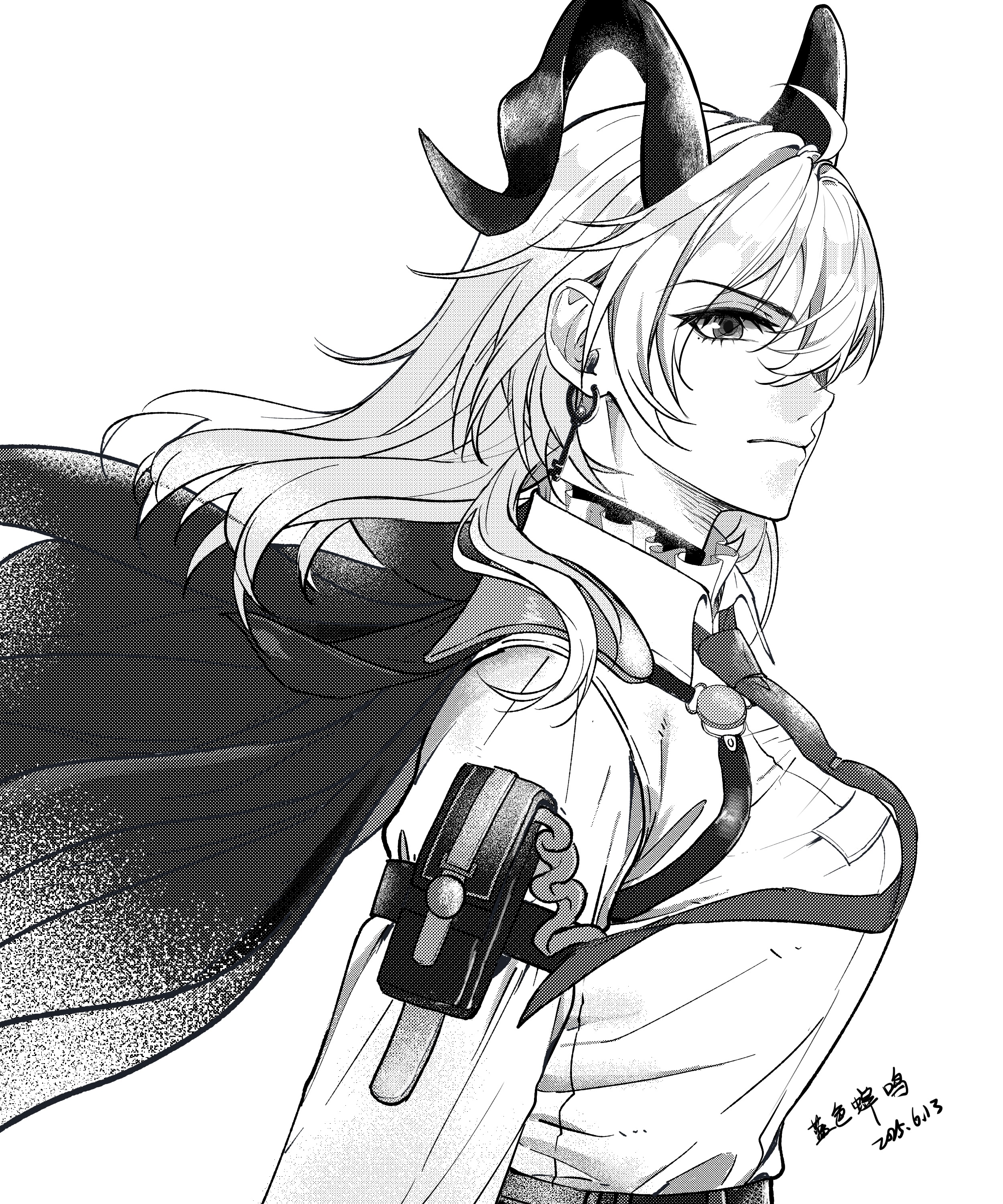 1girl absurdres arm_pouch breasts chest_harness choker closed_mouth collared_shirt commentary curled_horns earrings from_side greyscale harness highres horns jacket jacket_on_shoulders jewelry key_earrings lanse_chanming large_breasts long_hair looking_at_viewer mole mole_under_eye monochrome necktie shirt simple_background solo upper_body white_background wuthering_waves zani_(wuthering_waves)