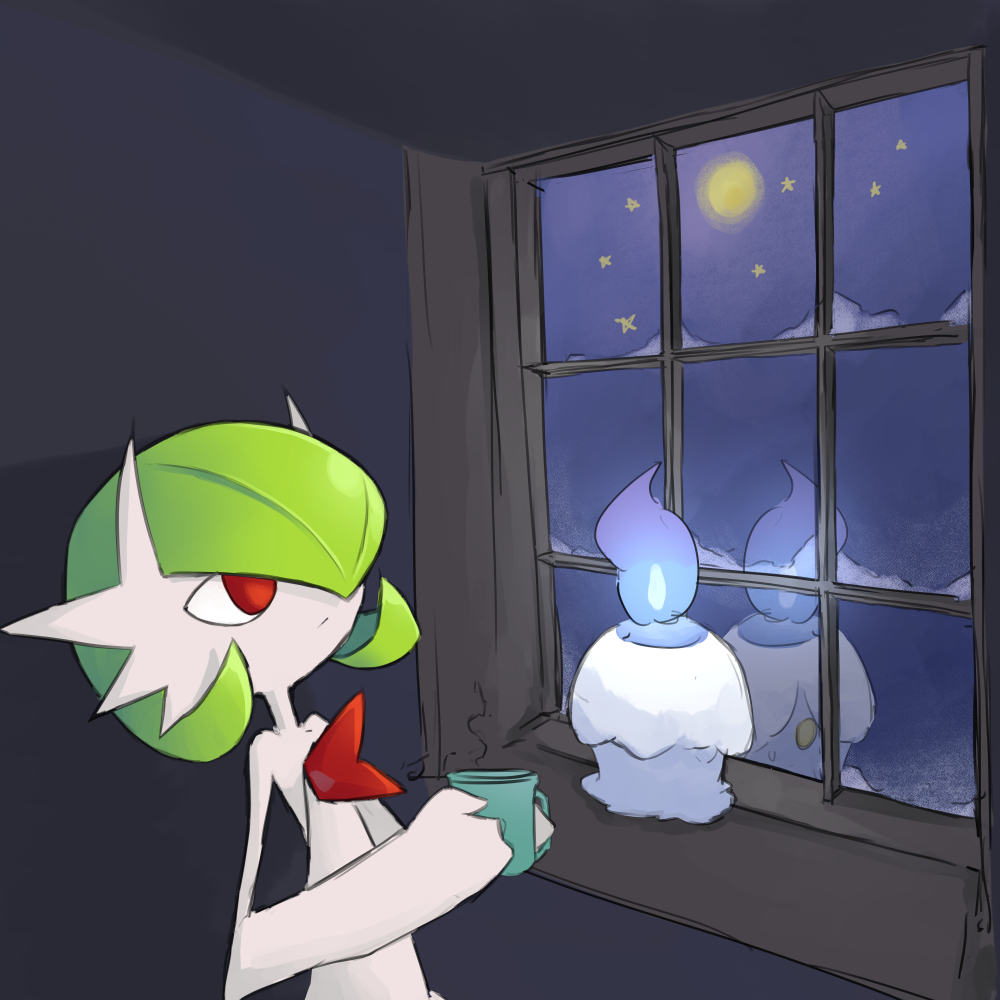 bob_cut candle colored_skin cup dmt_(auburn) fire gardevoir gen_3_pokemon gen_5_pokemon green_hair hair_over_one_eye holding holding_cup litwick mega_gardevoir mega_pokemon moon mug night night_sky nintendo pink_eyes pokemon pokemon_(creature) reflection sky star_(sky) starry_sky white_skin window yellow_eyes