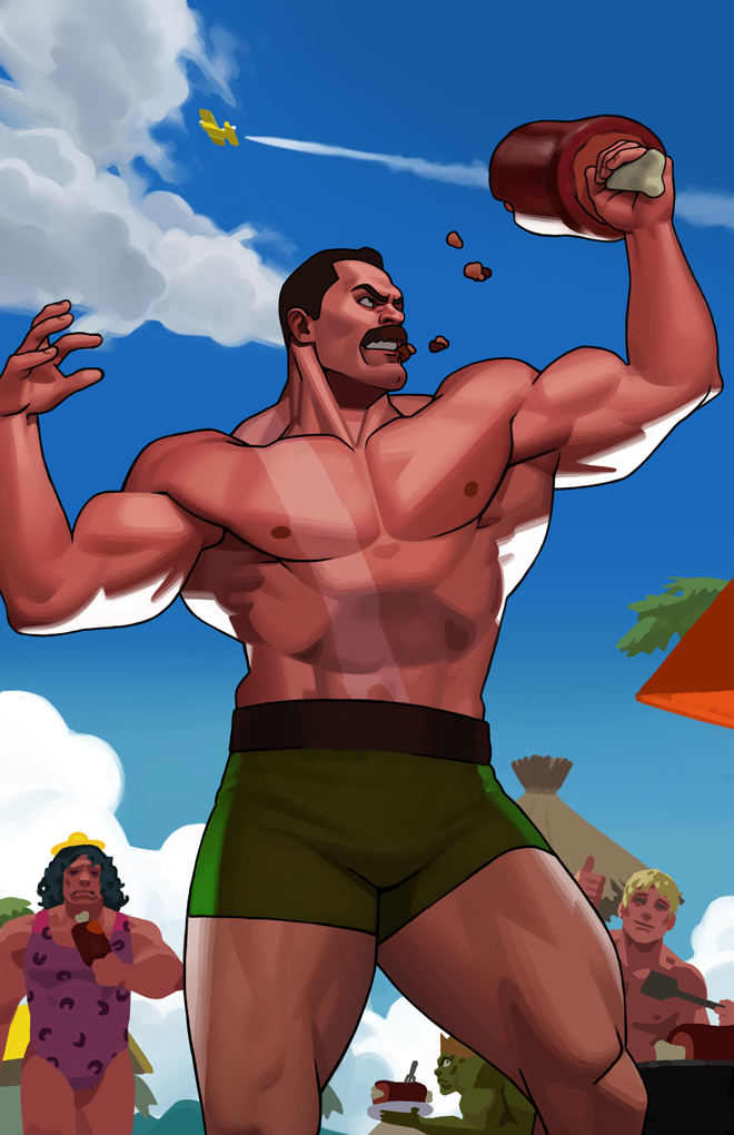 4boys aircraft airplane beach biceps black_hair blanka blonde_hair boned_meat broad_shoulders brown_hair capcom chad_walker cloud cody_travers colored_skin day facial_hair final_fight food fork green_skin green_swim_trunks hat holding holding_plate holding_spatula hugo_andore male_focus male_swimwear meat medium_hair mike_haggar multiple_boys muscular muscular_male mustache nipples pink_male_swimwear plate print_male_swimwear short_hair spatula street_fighter swim_trunks tan thumbs_up umbrella yellow_hat