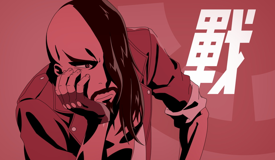 1boy akatsuki_blitzkampf black_hair death_parade facial_hair goatee hair_over_one_eye hand_on_own_cheek hand_on_own_face jacket long_hair male_focus mustache parody red_background sleeves_rolled_up solo tiwangzha undercut wei_(akatsuki_en-eins)