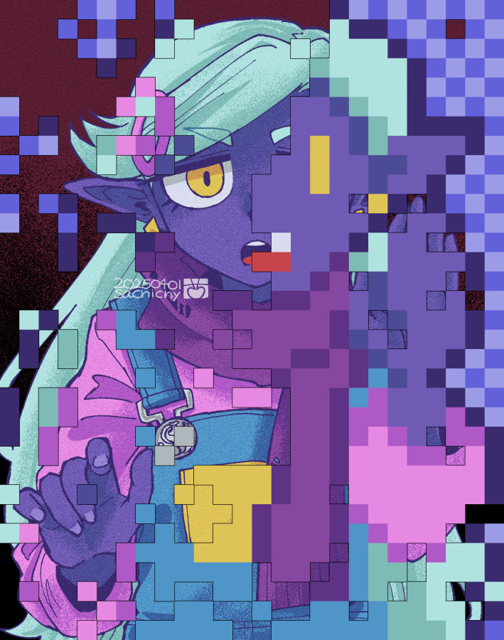 1boy aizawa_sachi blue_overalls colored_skin earrings hair_ornament hairclip jewelry long_hair long_sleeves looking_at_viewer male_focus omori open_mouth overalls pink_sweater pointy_ears purple_scarf purple_skin rococo_(omori) scarf solo sweater swept_bangs teeth tongue upper_teeth_only yellow_eyes