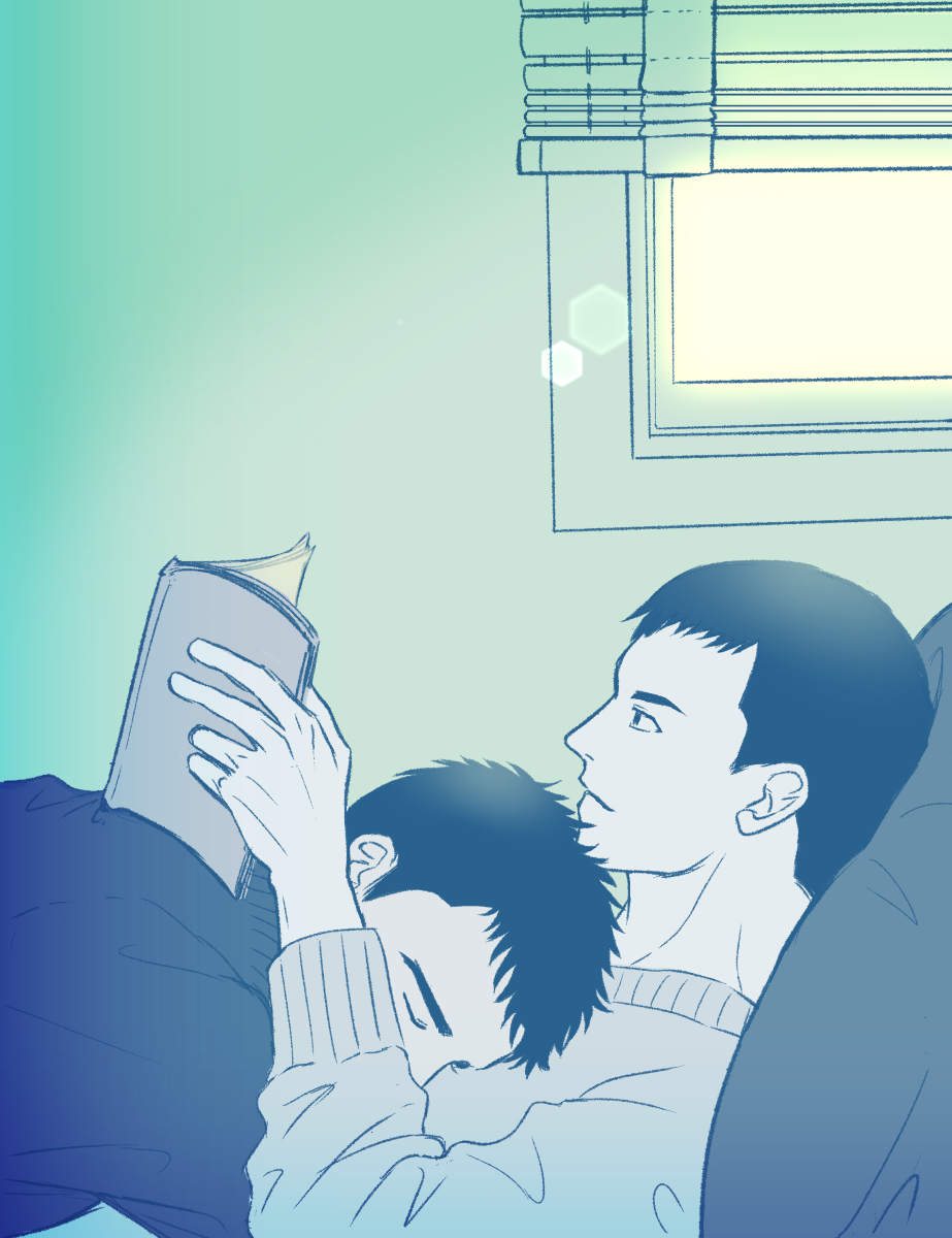 2boys ao_isami axl_(type-hidden) book closed_eyes head_on_chest highres indoors long_sleeves male_focus monochrome multiple_boys open_book reading ryuji_satake shirt sitting sunlight window yaoi yuuki_bakuhatsu_bang_bravern