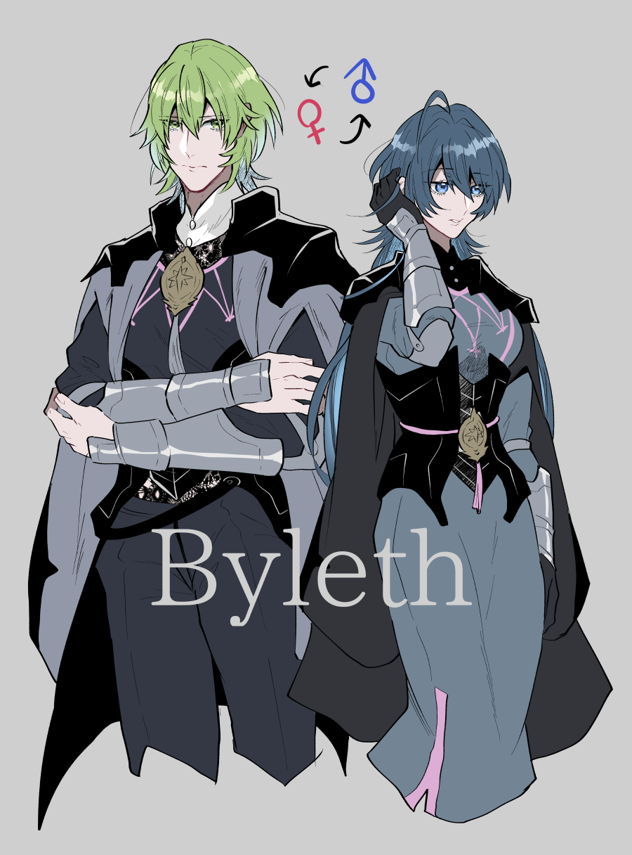 1boy 1girl ahoge armor arrow_(symbol) black_dress blue_eyes blue_hair breasts character_name closed_mouth crossed_arms dress dual_persona female_byleth_(enlightened)_(fire_emblem) female_byleth_(fire_emblem) fire_emblem fire_emblem:_three_houses genderswap genderswap_(ftm) genderswap_(mtf) green_eyes green_hair grey_background hand_up highres long_hair looking_at_viewer male-female_symbol male_byleth_(fire_emblem) medium_breasts nintendo ojnta0505 short_hair simple_background