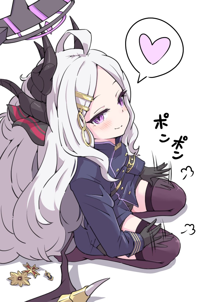 ahoge black_coat black_gloves black_halo black_skirt black_thighhighs blue_archive blush breasts coat demon_girl demon_horns demon_wings gloves halo heart highres hina_(blue_archive) horns long_hair looking_at_viewer mosuke1221 purple_eyes simple_background sitting skirt small_breasts thighhighs thighs white_background white_hair wings