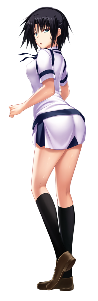 1girl black_hair black_socks blue_eyes brown_shoes female_focus from_side full_body hair_intakes ikki_(tue_sein_bestes) jinchu_lee kneehighs loafers looking_at_viewer maji_de_watashi_ni_koi_shinasai! maji_de_watashi_ni_koi_shinasai!_s miniskirt neck_ribbon ribbon shirt shoes short_hair short_sleeves simple_background skirt socks solo standing vest white_background white_shirt white_skirt white_vest