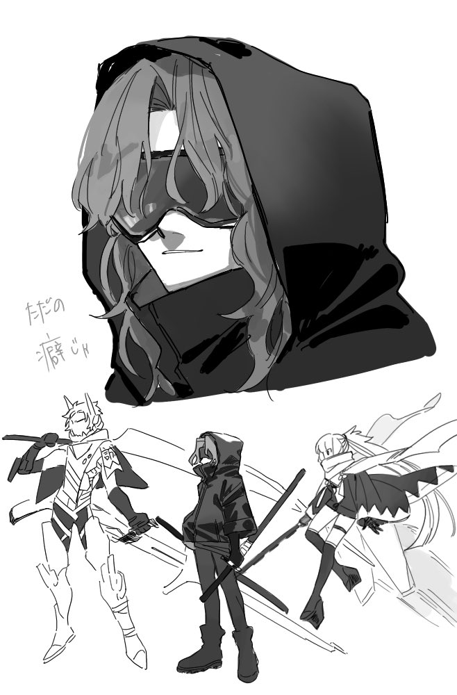 1girl 2boys alternate_costume armored_boots bikini boots covered_mouth cropped_shoulders faceless faceless_male fate/grand_order fate_(series) floating from_side full_body gloves goggles greyscale gun hair_slicked_back haori hijikata_toshizou_(dream_portrait)_(fate) hijikata_toshizou_(fate) holding holding_gun holding_sword holding_weapon hood hood_up hooded_jacket huzishiro jacket japanese_clothes katana kneehighs mecha medium_hair monochrome multiple_boys multiple_swords multiple_views official_alternate_costume okita_j._souji_(fate) okita_j._souji_(second_ascension)_(fate) okita_souji_(fate) okobo over_shoulder pants parted_bangs parted_lips platform_sandals ponytail portrait power_suit robot saitou_hajime_(fate) saitou_hajime_(third_ascension)_(fate) sandals scarf sheath sheathed short_hair simple_background socks swimsuit sword thigh_strap wavy_hair weapon weapon_over_shoulder white_background wide_ponytail