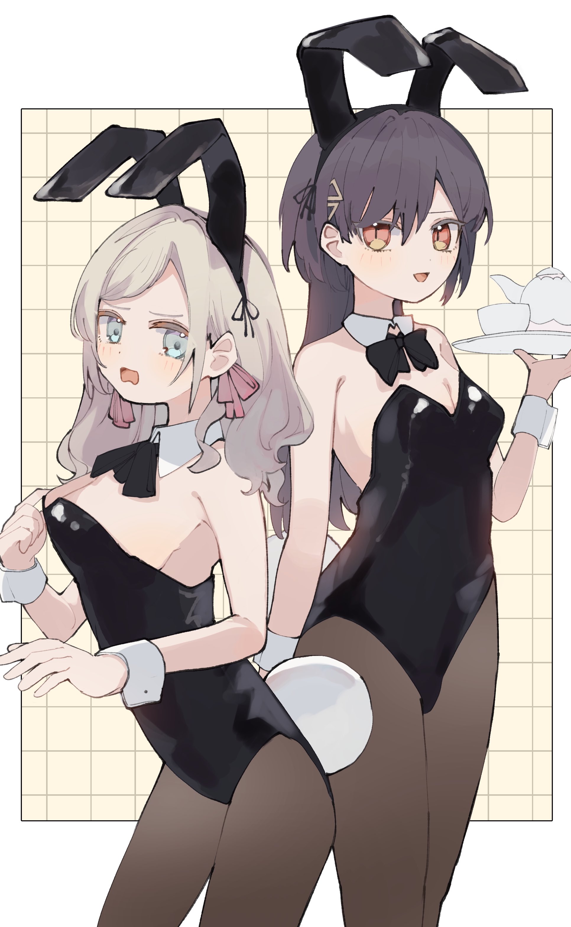 2girls :d absurdres alternate_costume animal_ear_hairband animal_ears bare_shoulders black_hairband black_leotard black_pantyhose blue_eyes border breasts ceras_yanagida_lilienfeld cleavage commentary cowboy_shot cup edel_note fake_animal_ears fake_tail grey_hair hair_ornament hairband highres holding holding_tray katsuragi_izumi leotard link!_like!_love_live! looking_at_viewer love_live! medium_breasts multiple_girls nagisa_iori open_mouth orange_eyes outside_border pantyhose peanut_mouth playboy_bunny rabbit_ear_hairband rabbit_ears rabbit_tail sidelocks slit_pupils smile standing strapless strapless_leotard swept_bangs tail teacup teapot tray triangle_hair_ornament virtual_youtuber wavy_hair white_border white_wrist_cuffs wolf_cut wrist_cuffs