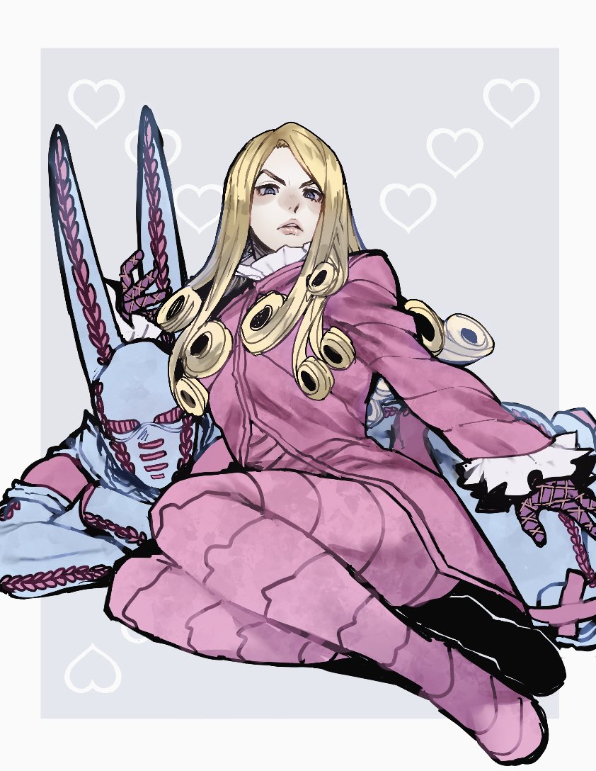 2boys androgynous animal_ears blonde_hair blue_eyes border coat commentary_request dirty_deeds_done_dirt_cheap funny_valentine gloves heart jojo_no_kimyou_na_bouken long_hair lying male_focus multiple_boys on_stomach pink_coat purple_gloves sen_(aypj8447) sitting stand_(jojo) steel_ball_run white_border