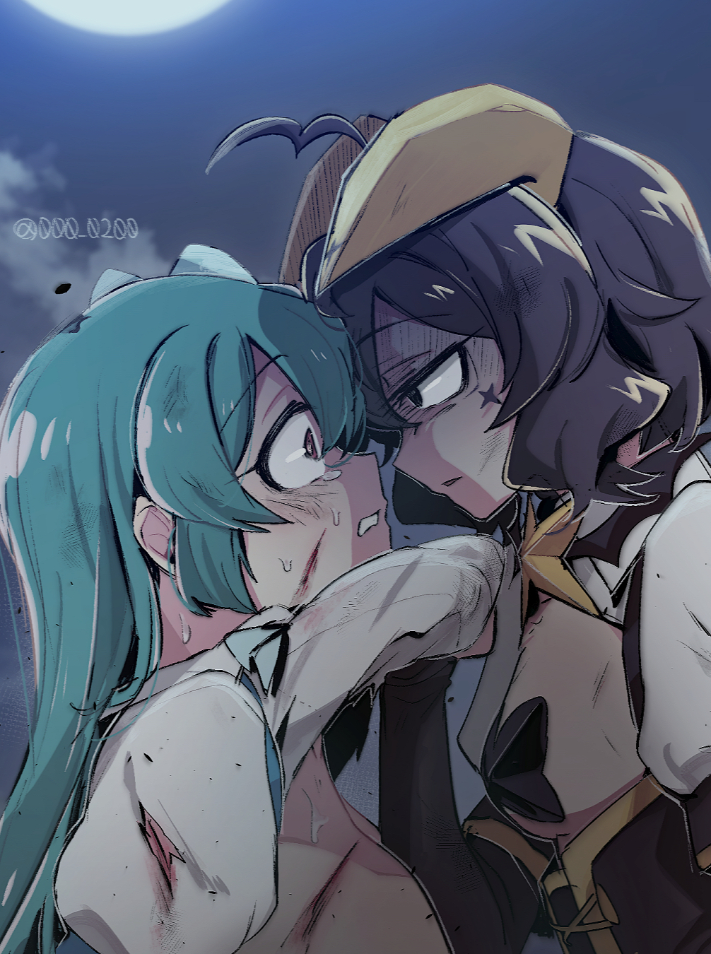 2girls ahoge an_sin angry black_eyes black_hair blood blue_hair breasts cloud corset cuts elbow_gloves eye_contact forward_facing_horns gloves highres hiiragi_utena injury large_breasts lifting_another&#039;s_clothes long_hair looking_at_another magia_azure magia_baiser mahou_shoujo_ni_akogarete medium_hair minakami_sayo moon multiple_girls night night_sky outdoors pasties red_eyes scared sky star_(symbol) star_pasties sweat tears twitter_username yuri