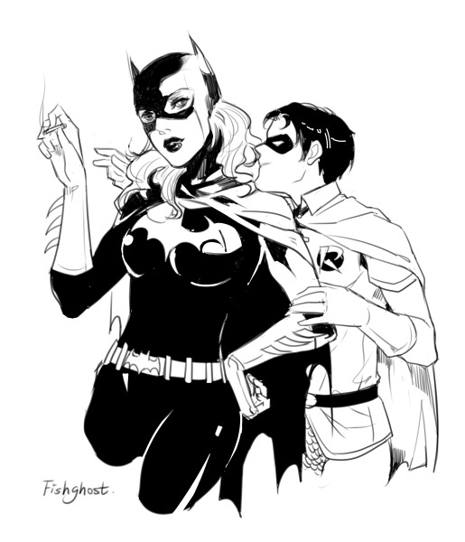1boy 1girl artist_name barbara_gordon batgirl batman_symbol belt cape child cigarette cropped_legs domino_mask fishghost gloves greyscale holding holding_cigarette jason_todd mask monochrome robin_(dc) signature simple_background sketch smoke smoke_trail superhero_costume taut_bodysuit white_background