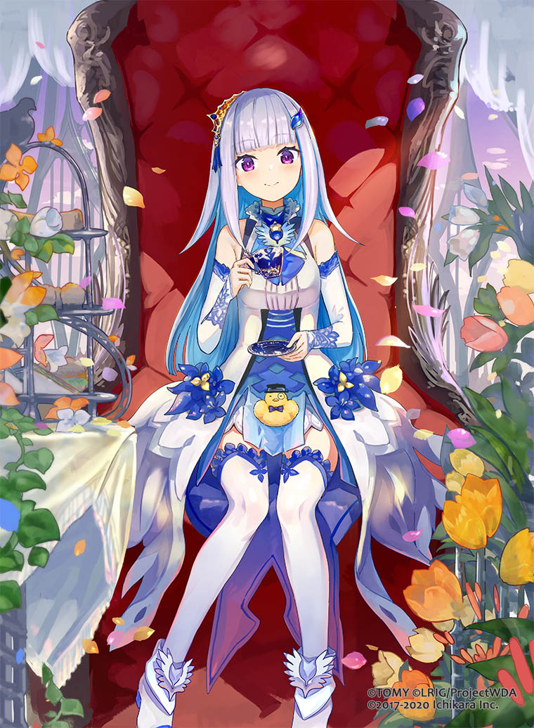 1girl animal animal_on_lap armpit_crease bare_shoulders bird bird_on_lap black_hat blue_dress blue_flower blue_hair blue_petals blunt_bangs bow bowtie breasts closed_mouth clothed_animal colored_inner_hair commentary_request copyright_notice cup detached_sleeves dress dress_flower falling_petals flower full_body gold_tiara hair_ornament hat head_tilt holding holding_cup holding_saucer layered_dress light_blush lize_helesta long_hair looking_at_viewer monocle multicolored_hair nijisanji official_alternate_costume official_art on_lap orange_flower orange_petals petals pink_flower pink_petals purple_bow purple_bowtie purple_eyes purple_petals saucer sebastian_piyodore shoes sidelocks sitting sitting_on_throne sleeveless sleeveless_dress sleeves_past_wrists small_breasts smile straight-on streaked_hair teacup thighhighs throne tiered_tray top_hat two-tone_hair very_long_hair virtual_youtuber virus_(obsession) white_dress white_flower white_hair white_shoes white_sleeves white_thighhighs wixoss yellow_bird yellow_flower yellow_petals