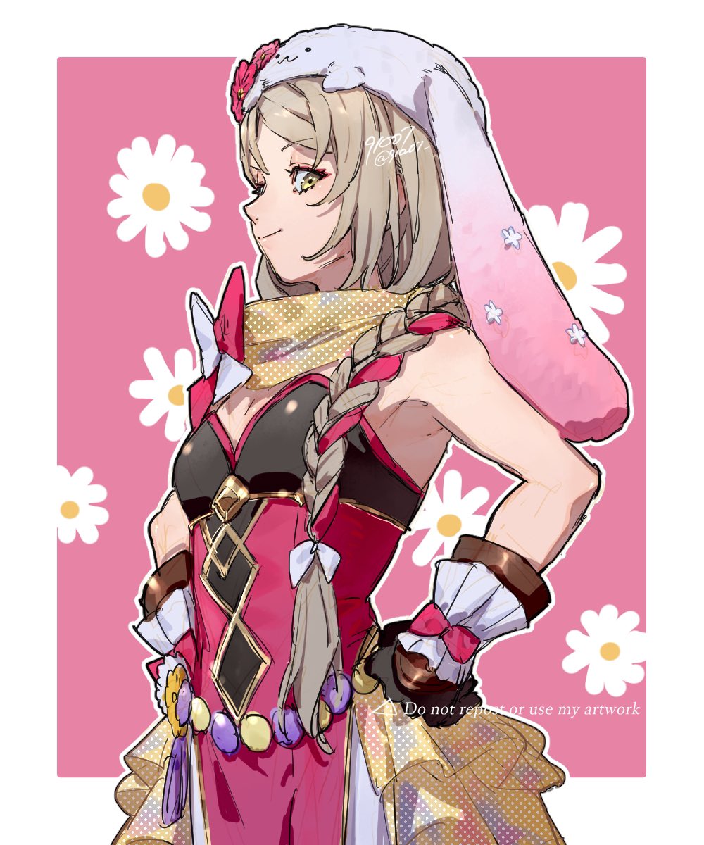 1girl 91007 animal_hat blonde_hair braid braided_ponytail brown_gloves easter expressive_clothes fire_emblem fire_emblem_engage fire_emblem_heroes flower_ornament framme_(fire_emblem) framme_(spring)_(fire_emblem) gloves hair_over_shoulder hat highres nintendo official_alternate_costume pelvic_curtain rabbit_hat scarf yellow_eyes yellow_scarf