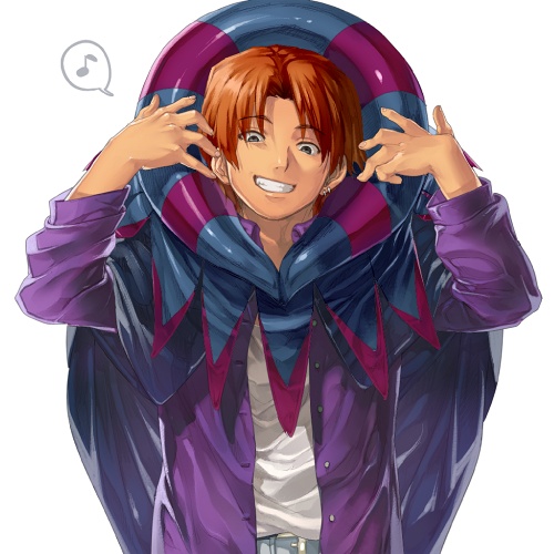 1boy black_eyes collared_shirt cosplay fate/zero fate_(series) gilles_de_rais_(caster)_(fate) gilles_de_rais_(caster)_(fate)_(cosplay) gilles_de_rais_(fate) grin looking_at_viewer lowres male_focus musical_note open_clothes open_shirt orange_hair parted_bangs purple_shirt shirt smile solo spoken_musical_note undershirt upper_body uryuu_ryuunosuke white_background zyunya