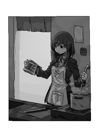 1girl apron bad_id blazer book border closed_mouth collared_shirt cookbook cooking cooking_pot cutting_board food_print fruit_print grape_print greyscale hamsterfragment holding holding_book holding_ladle indoors jacket jaggy_lines knife ladle long_sleeves lowres medium_hair monochrome motion_lines neck_ribbon noren open_book original paper portable_stove print_apron ribbon school_uniform shirt skirt solo steam suicidal_girl_(hamsterfragment)