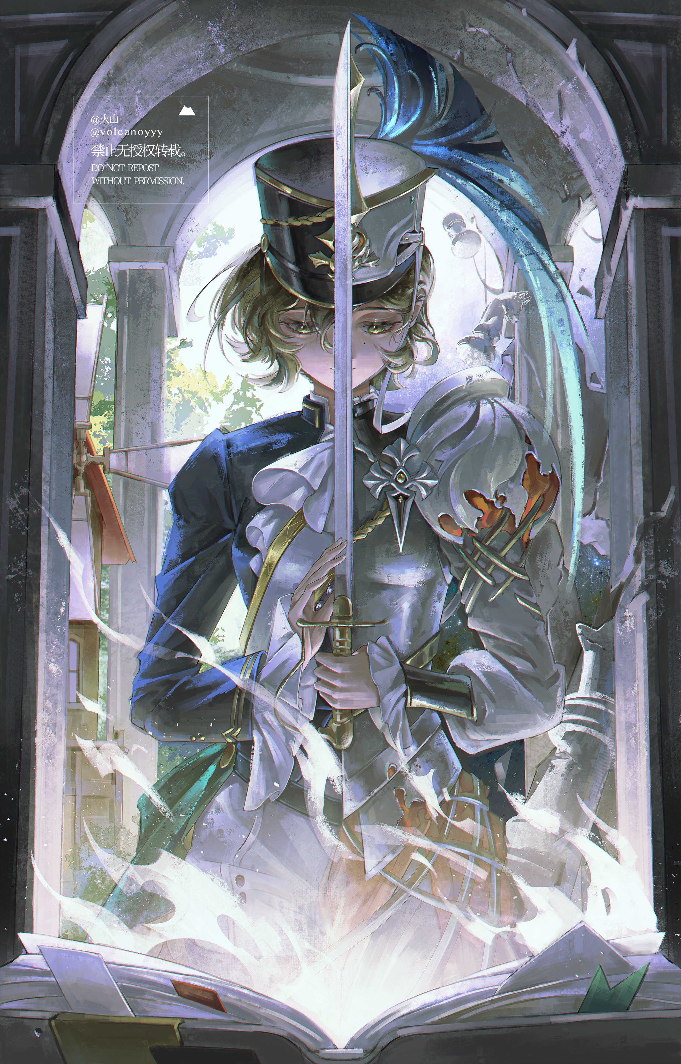 1girl absurdres armor artist_name black_hat blonde_hair chinese_commentary commentary_request facing_viewer hat highres holding holding_sword holding_weapon looking_down mole mole_under_eye peaked_cap recoleta_(reverse:1999) reverse:1999 shako_cap solo split_theme sword volcanoyyy weapon yellow_eyes