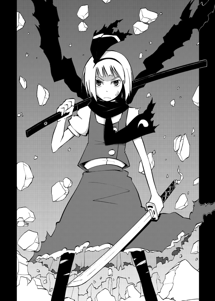 1girl aura female_focus greyscale hairband karu_(ishiken) katana konpaku_youmu monochrome nib_pen_(medium) pantyhose pen_(medium) pillarboxed rock scarf sheath shirasaya solo sword toned torn_clothes torn_pantyhose touhou traditional_media weapon