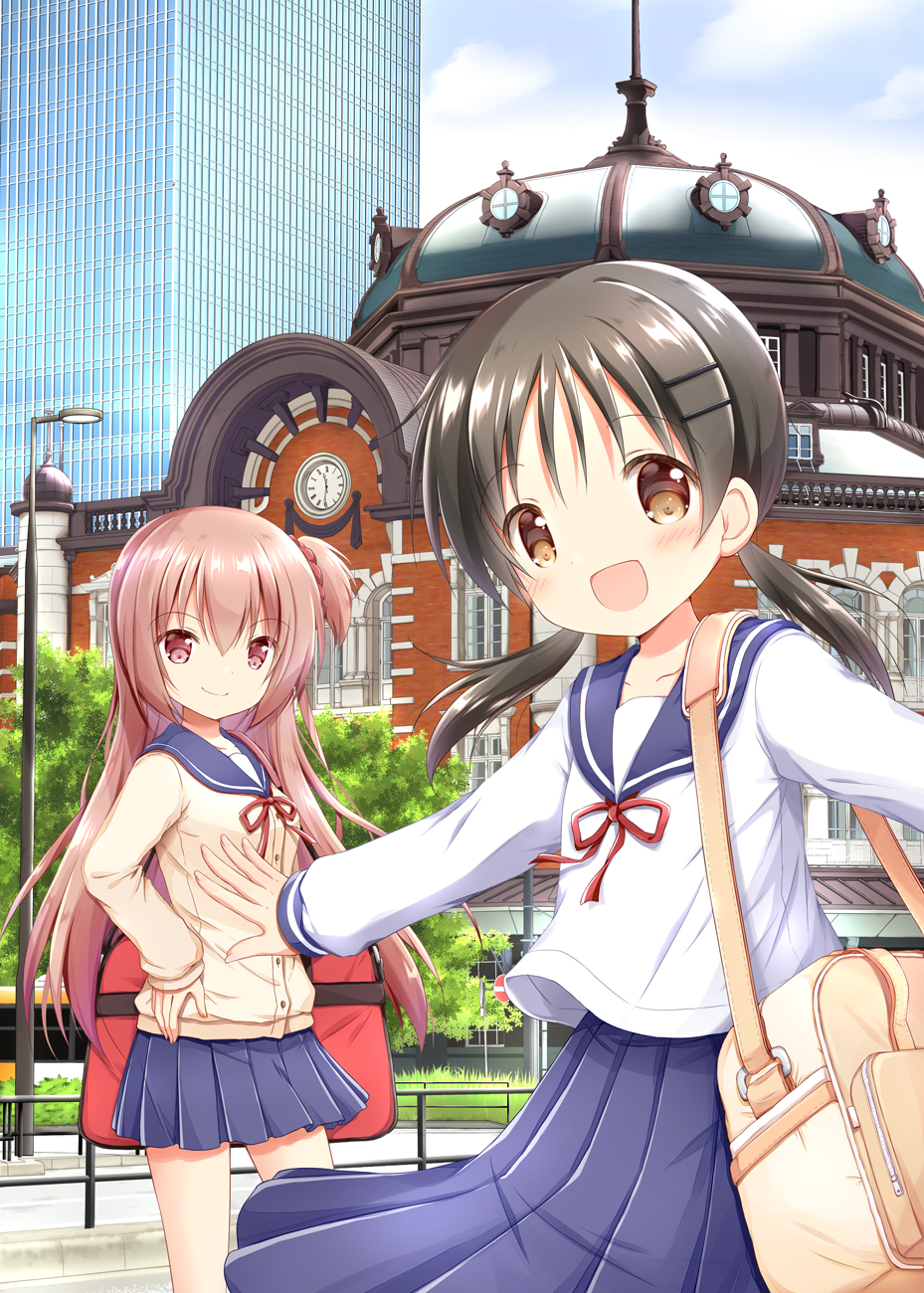 2girls :d bag black_hair blue_sailor_collar blue_skirt blue_sky blush brick_wall brown_cardigan brown_eyes building cardigan clock closed_mouth cloud cloudy_sky comitia commentary_request day hair_between_eyes hair_ornament hairclip highres lamppost long_sleeves low_twintails multiple_girls nanase_miori neck_ribbon one_side_up open_mouth original outdoors outstretched_arms pink_hair pleated_skirt puffy_long_sleeves puffy_sleeves red_eyes red_ribbon ribbon sailor_collar school_uniform serafuku shirt shoulder_bag skirt sky smile tokyo_station twintails wall_clock white_shirt window