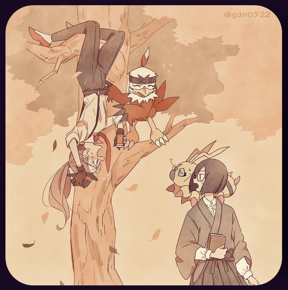 1boy 1girl ? alternate_costume black_gloves black_hat blush book digimon digimon_(creature) digimon_adventure_02 dress_shirt eye_contact gdn0522 gloves grey_hakama grey_kimono hakama hat hawkmon holding holding_book ichijouji_ken inoue_miyako japanese_clothes kimono long_hair long_sleeves looking_at_another necktie ponytail profile red_necktie sepia shirt spoken_question_mark suspender_pants tree twitter_username white_shirt wormmon