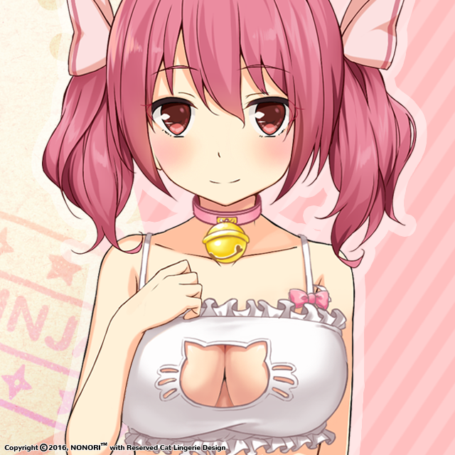 1girl bare_arms bare_shoulders bell blush bra breasts cat_cutout cat_lingerie choker cleavage_cutout closed_mouth clothing_cutout frilled_bra frills looking_at_viewer moe!_ninja_girls momochi_myu neck_bell official_art pink_eyes pink_hair short_twintails solo straight-on twintails underwear underwear_only upper_body white_bra