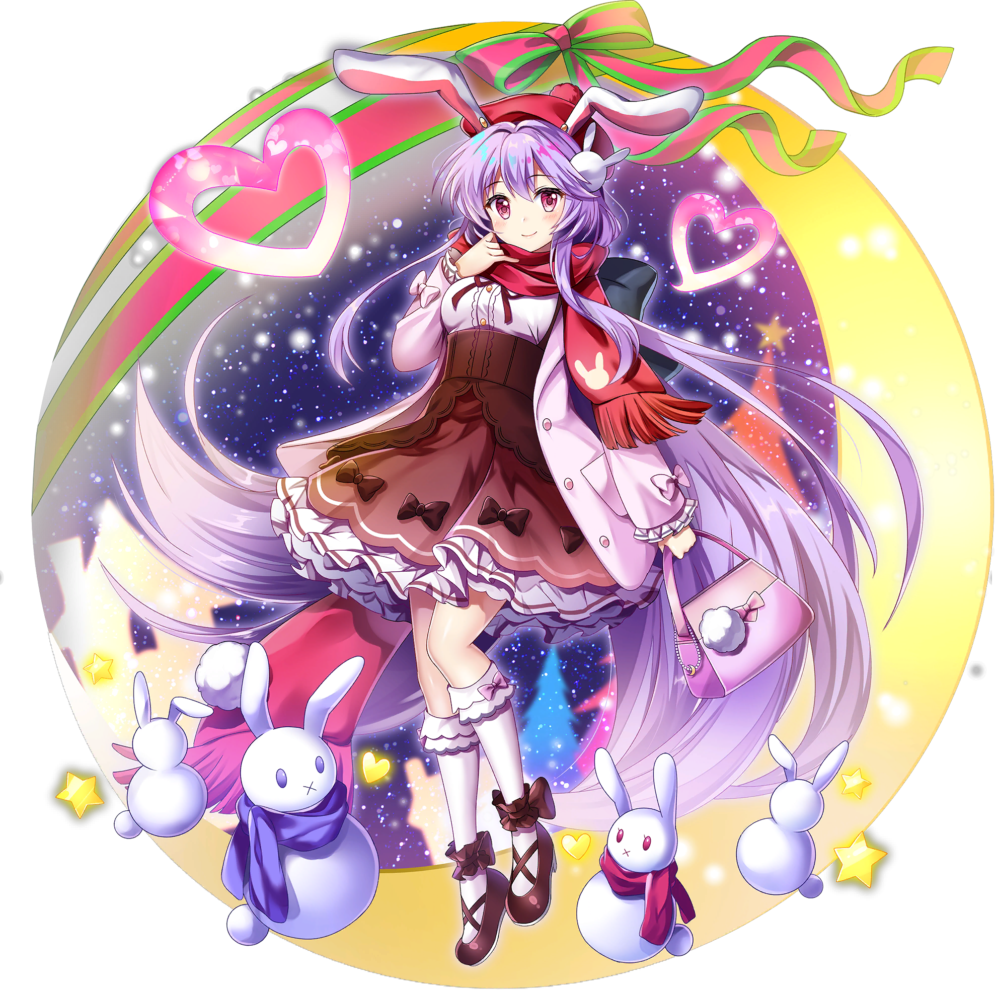 1girl absurdly_long_hair alternate_costume animal_ears animal_print bag beret blue_scarf blush breasts brown_shoes brown_skirt christmas christmas_tree closed_mouth full_body game_cg hair_ornament handbag hat heart high-waist_skirt highres holding holding_bag jacket kneehighs long_hair long_sleeves looking_at_viewer official_art open_clothes open_jacket pink_bag pink_jacket print_scarf purple_hair rabbit_ears rabbit_hair_ornament rabbit_print red_hat red_scarf reisen_udongein_inaba reisen_udongein_inaba_(snow_rabbit_of_the_holy_night) rotte_(1109) scarf shoes sidelocks skirt sky smile socks solo star_(sky) star_(symbol) starry_sky third-party_source touhou touhou_lostword transparent_background very_long_hair white_socks