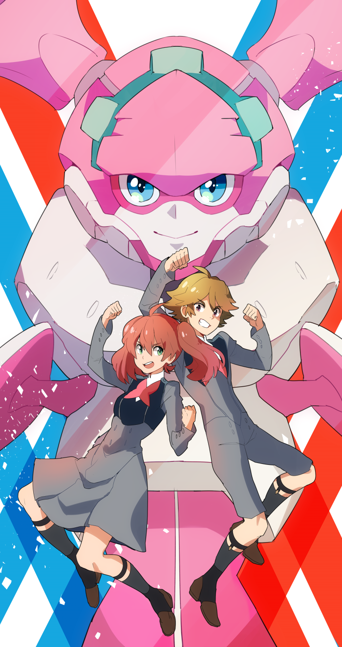 1boy 1girl :&gt; :d ahoge argentea_(darling_in_the_franxx) azuumori black_legwear blonde_hair blue_eyes brown_eyes brown_footwear brown_hair closed_mouth commentary darling_in_the_franxx double-breasted english_commentary green_eyes grin hands_up highres jacket jumping long_sleeves looking_at_viewer mecha medium_hair miku_(darling_in_the_franxx) open_mouth robot shoes shorts smile socks twintails uniform white_legwear zorome_(darling_in_the_franxx)