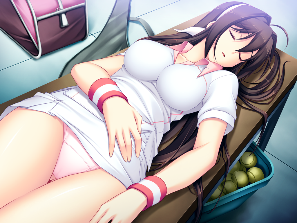 1girl ahoge bag ball breasts brown_hair closed_eyes clothes_lift game_cg hairband impossible_clothes impossible_shirt large_breasts large_variant_set long_hair lying maishima_yuri nerawareta_megami_tenshi_angel_tear non-web_source official_art on_back panties pantyshot pink_panties shirt sleeping solo sportswear sweatband tennis_ball tennis_uniform tsukumo_kazuita underwear variant_set wristband