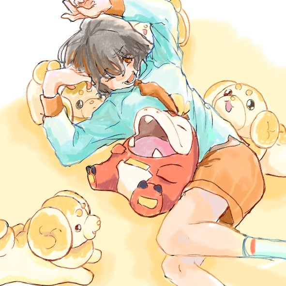 1girl ;d black_hair crocodilian dog eyes_visible_through_hair fidough fuecoco furrowed_brow hair_between_eyes long_sleeves lower_teeth_only lying naranja_academy_school_uniform necktie nintendo one_eye_closed open_mouth orange_eyes orange_necktie orange_shorts pokemon pokemon_(creature) school_uniform shirt short_hair shorts smile socks striped_clothes striped_shorts teeth tororo_oishi_ym vertical-striped_clothes vertical-striped_shorts white_shirt white_socks