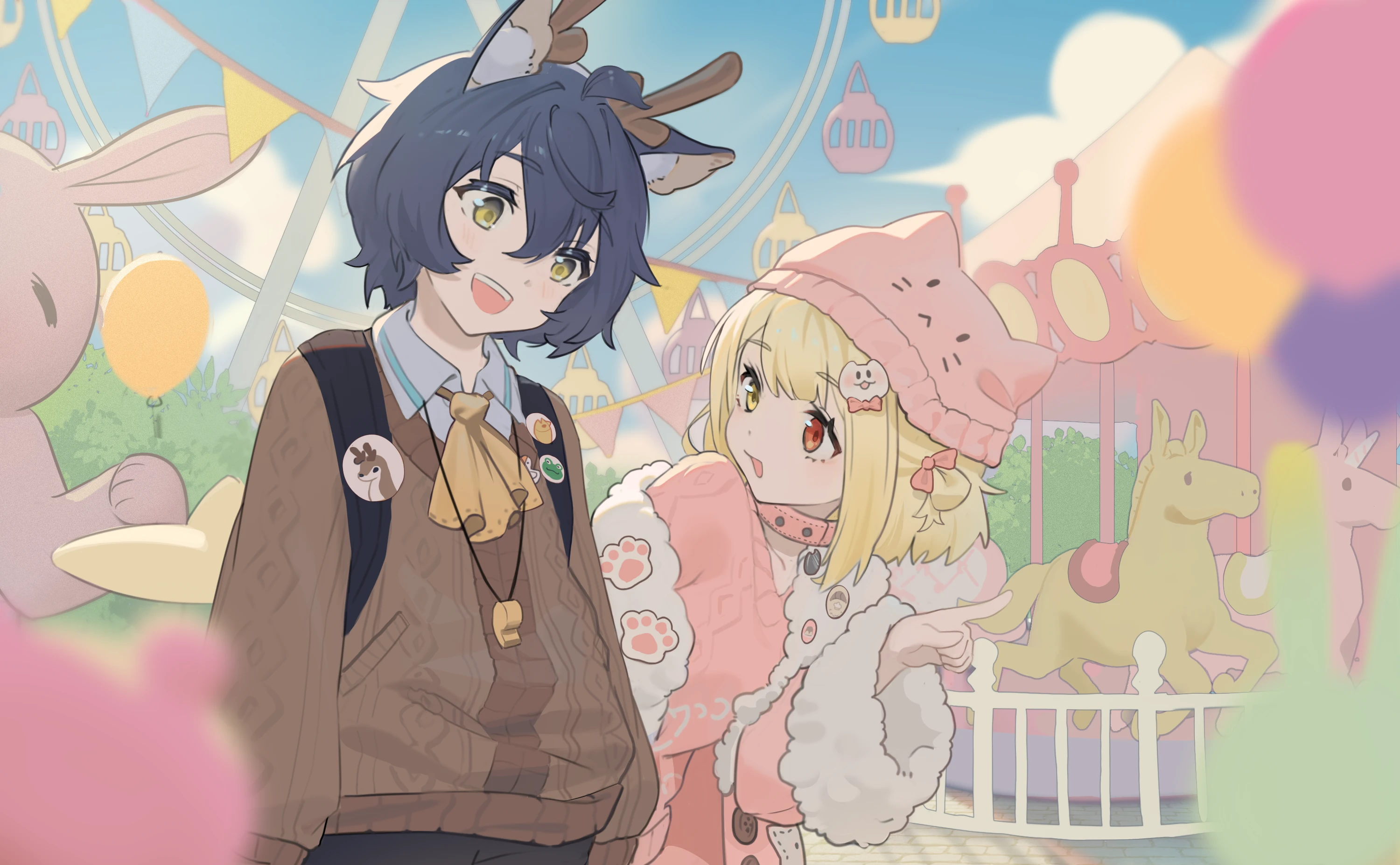 1boy 1girl amusement_park animal_collar animal_ears animal_hands animal_hat antlers badge balloon bilibili_581334 blonde_hair bow brown_sweater button_badge carousel cat_hair_ornament cat_hat cat_paws child chinese_commentary coat collar commentary_request ferris_wheel from_side hair_between_eyes hair_bow hair_ornament hat heterochromia highres horns indie_virtual_youtuber kaofish long_bangs looking_at_another lutou mascot_costume name_tag open_mouth pink_coat pointing pointing_forward red_eyes sailor_collar second-party_source smile sweater teeth upper_teeth_only whistle whistle_around_neck yellow_eyes