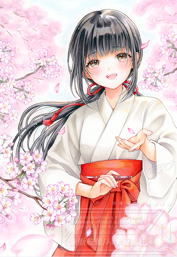1girl arukapismillust black_hair brown_eyes cherry_blossoms fingernails flower hakama japanese_clothes kimono long_hair looking_at_viewer marker_(medium) miko open_mouth original ponytail red_hakama smile traditional_media upper_body watermark white_kimono