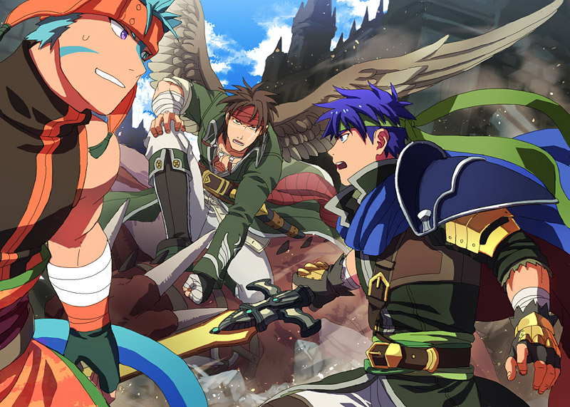 3boys animal_ears blue_cape blue_eyes blue_hair brown_hair cape cat_boy cat_ears commentary_request day donta30303 dragon feather_necklace fingerless_gloves fire_emblem fire_emblem:_path_of_radiance gloves green_headband headband heterochromia holding holding_sword holding_weapon ike_(fire_emblem) jewelry laguz_(fire_emblem) male_focus multiple_boys necklace nintendo outdoors ragnell ranulf_(fire_emblem) red_cape scar scar_on_face short_hair sword tail tibarn_(fire_emblem) two-sided_cape two-sided_fabric weapon wings wyvern