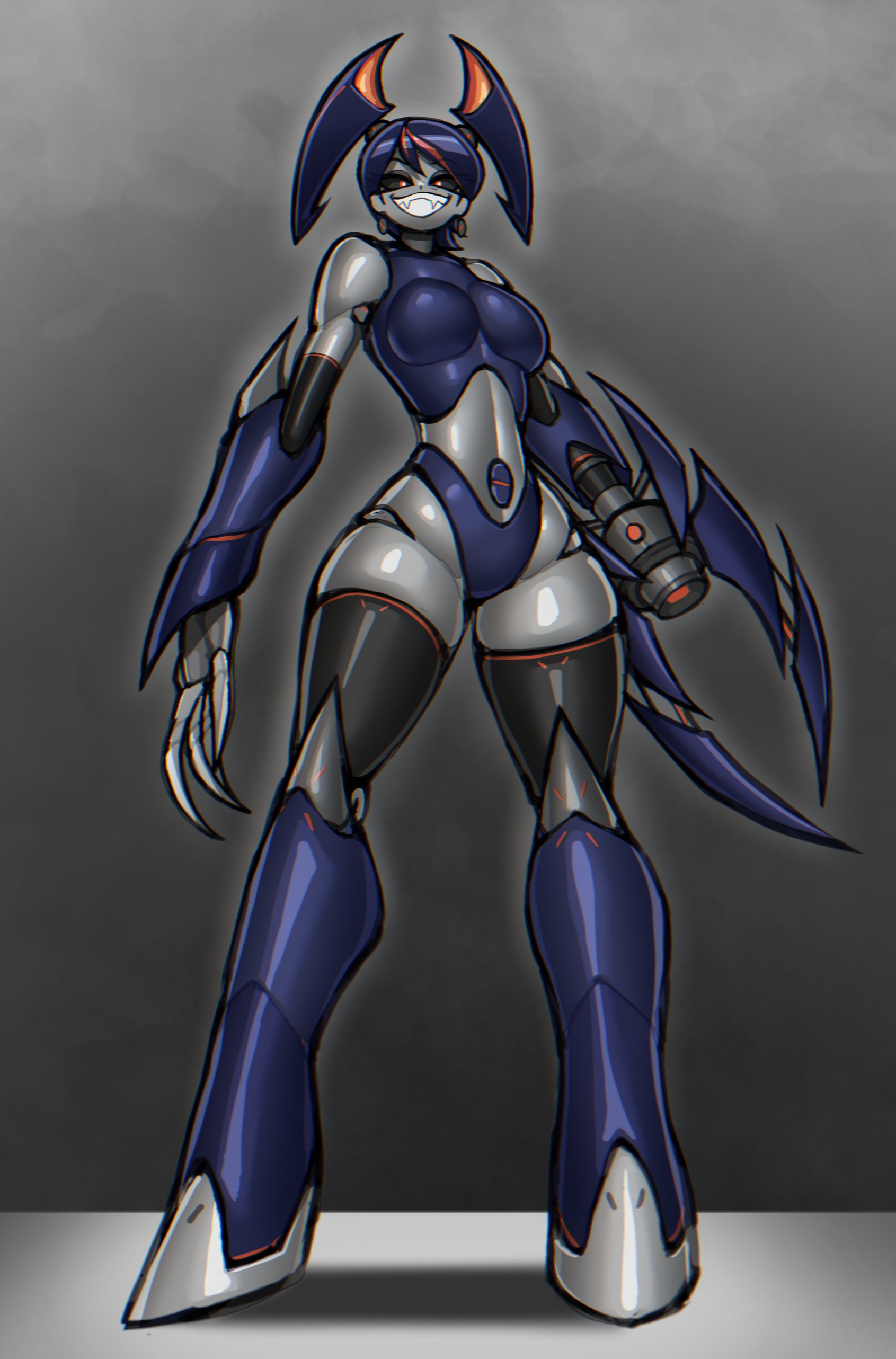 1girl absurdres android aqua_hair arm_blade arm_cannon blue_hair blue_tank_top breasts claw_(weapon) colored_skin corruption cyber_fashion evil_grin evil_smile grin hado_(zzzhadozzz) highres humanoid_robot jenny_wakeman joints looking_at_viewer metal_skin my_life_as_a_teenage_robot navel robot robot_girl robot_joints rocket_boots smile solo tank_top twintails weapon white_skin