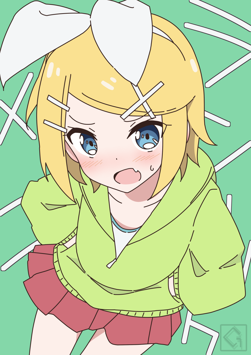 1girl aqua_background artist_logo blonde_hair blue_eyes blush bow bow_hairband commentary cowboy_shot fang giryu green_jacket hair_bow hair_ornament hairband hairclip hands_in_pockets highres hood hooded_jacket jacket kagamine_rin kagamine_rin_(melancholy) leaning_forward logo looking_at_viewer melancholic_(vocaloid) miniskirt open_mouth pleated_skirt red_skirt short_hair skin_fang skirt solo song_name swept_bangs v-shaped_eyebrows vocaloid white_bow zipper_pull_tab