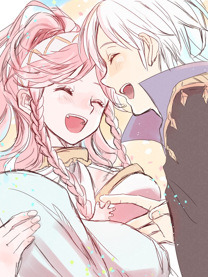 1boy 1girl 1other ^_^ baby braid cape carrying carrying_baby carrying_person closed_eyes fire_emblem fire_emblem_awakening hairband henry_(fire_emblem) hoshigaki_(hsa16g) long_hair nintendo olivia_(fire_emblem) open_mouth pink_hair ponytail short_hair smile twin_braids white_hair