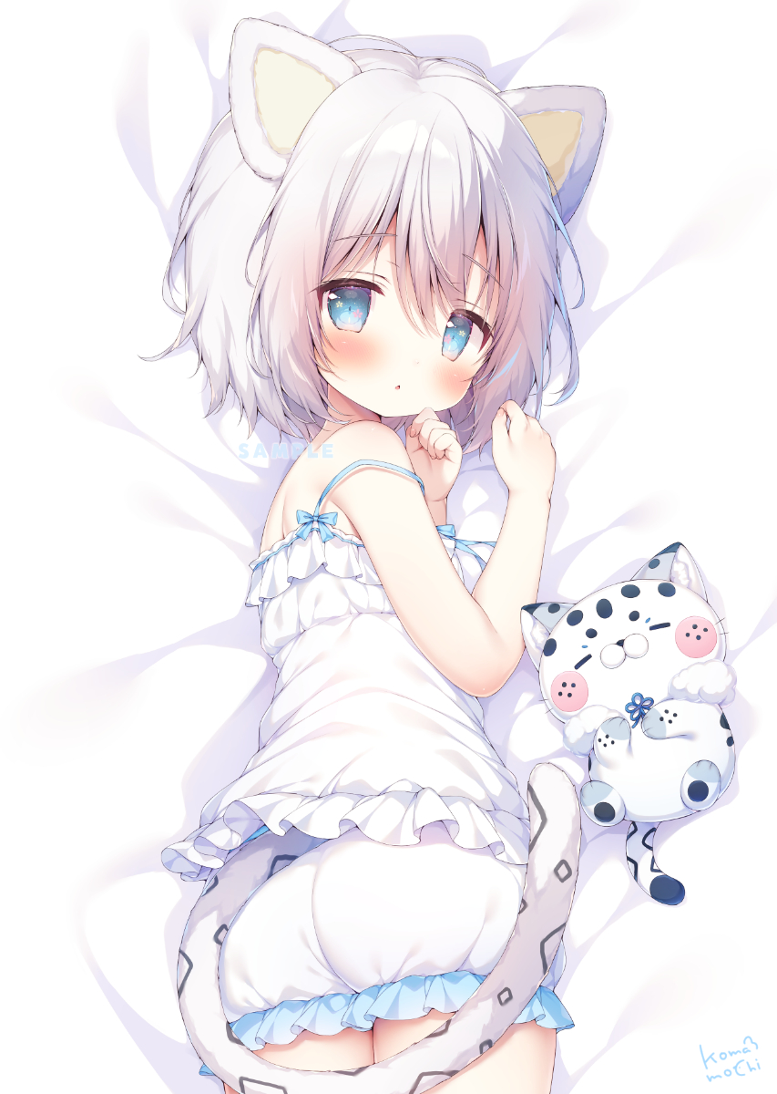 1girl animal_ears ass bloomers blue_eyes blush camisole cat from_behind highres kohaku_nene la_peche_party leopard leopard_ears leopard_girl leopard_tail looking_back lying momozu_komamochi on_stomach short_hair snow_leopard snow_leopard_ears snow_leopard_girl snow_leopard_tail solo strap_slip tail underwear white_bloomers white_camisole white_hair