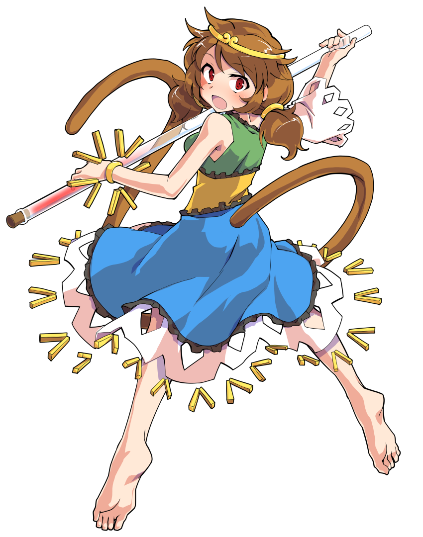1girl :o alphes_(style) barefoot blue_dress blush breasts brown_hair circlet commentary_request dairi detached_sleeves dress from_behind full_body green_dress large_variant_set long_hair looking_at_viewer low_twintails medium_breasts monkey_tail multicolored_dress open_mouth parody red_eyes single_detached_sleeve soles solo son_biten style_parody tachi-e tail test_tube touhou transparent_background twintails variant_set white_sleeves yellow_dress
