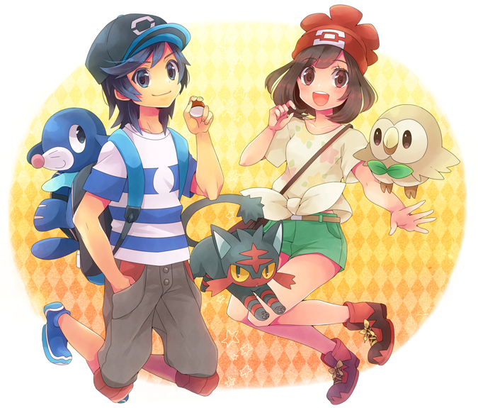 1boy 1girl belt blue_hat brown_hair elio_(pokemon) eyelashes gen_7_pokemon green_shorts grey_pants hat holding holding_poke_ball litten nintendo open_mouth pants poke_ball pokemon pokemon_sm popplio red_hat rowlet selene_(pokemon) shirt shooting428star shorts smile starter_pokemon_trio striped_clothes striped_shirt