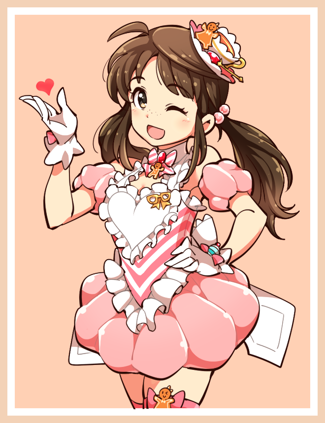 1girl :d aopanda brown_eyes brown_hair hat heart idolmaster idolmaster_cinderella_girls long_hair low_twintails mini_hat okuyama_saori open_mouth smile teatime_happiness_(idolmaster) twintails