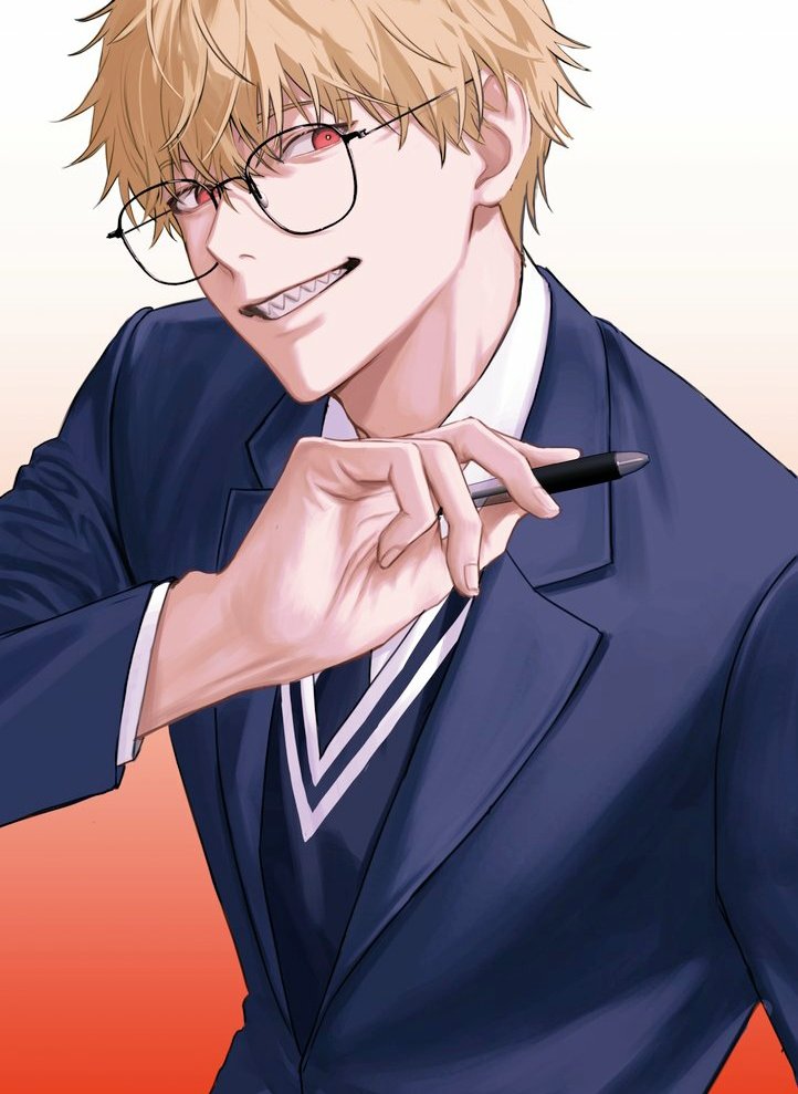 1boy alternate_costume black_necktie blonde_hair chainsaw_man collared_shirt commentary denji_(chainsaw_man) fingernails formal_clothes glasses gradient_background holding holding_pen korean_commentary long_sleeves looking_at_viewer male_focus necktie neus_se orange_hair pen red_eyes round_eyewear sharp_teeth shirt short_hair smile solo suit teeth upper_body white_background