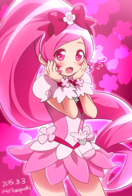 0417nao 10s 1girl 2015 :o blush bow cure_blossom dated female_focus flower hair_bow hanasaki_tsubomi hands_on_own_face heartcatch_precure! high_ponytail long_hair magical_girl pink_background pink_bow pink_eyes pink_hair pink_skirt pink_theme ponytail precure signature skirt solo surprised twitter_username wrist_cuffs