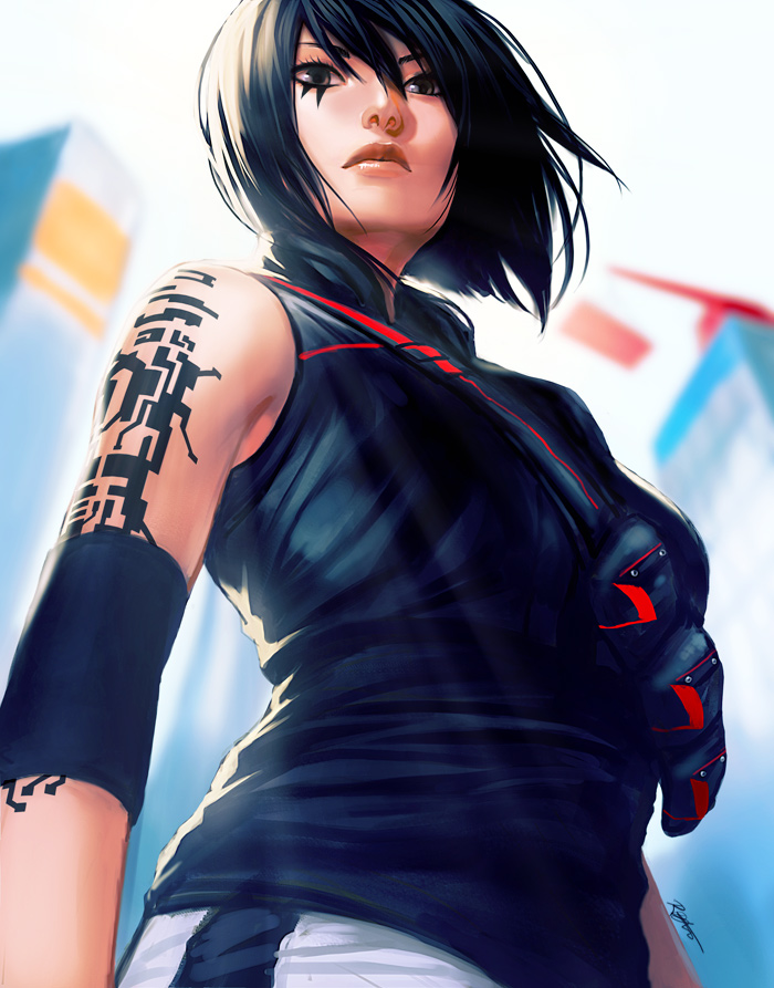 1girl backlighting black_eyes black_hair elbow_pads facial_tattoo faith_connors female_focus from_below gradient_background lips mirror&#039;s_edge mirror&#039;s_edge_(series) mirror&#039;s_edge_catalyst nose pouch rejean_dubois short_hair sleeveless solo tattoo