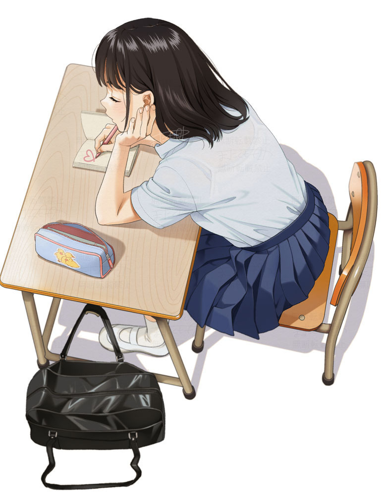 1girl bag black_hair blue_skirt book chair closed_eyes collared_shirt commentary_request desk hand_on_own_chin mattaku_mousuke medium_hair on_chair open_book original pencil_case pleated_skirt school_bag school_chair school_desk school_uniform shirt shoes sitting skirt socks solo summer_uniform uwabaki white_shirt white_shoes white_socks writing