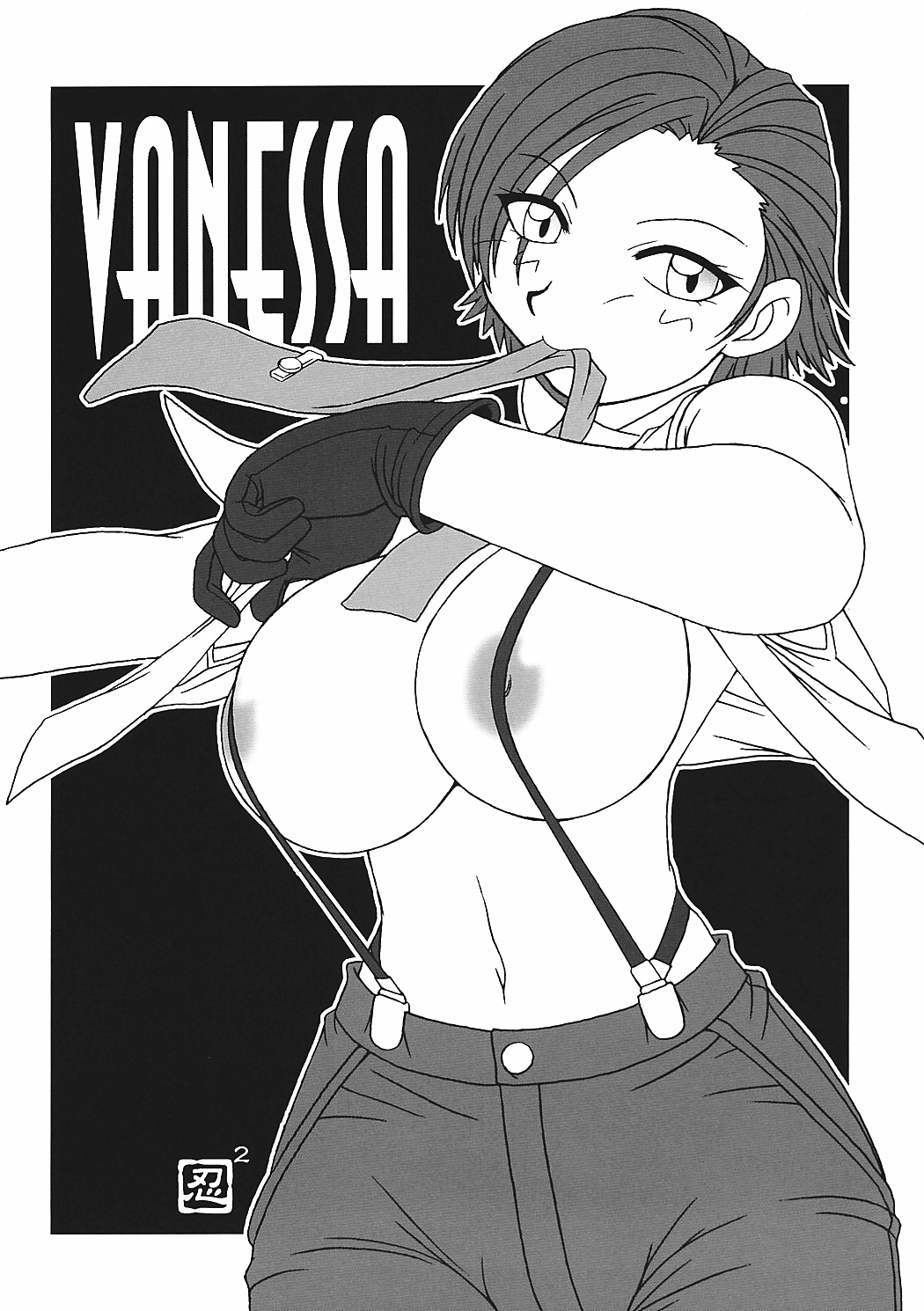 1girl breasts breasts_out curvy female_focus formal_clothes gloves highres huge_breasts kenix large_breasts leather ninnin nipple_slip nipples open_clothes pale_skin pants shirt short_hair standing suspenders the_king_of_fighters thick_thighs thighs tight_clothes undressing vanessa_(kof) white_shirt wide_hips