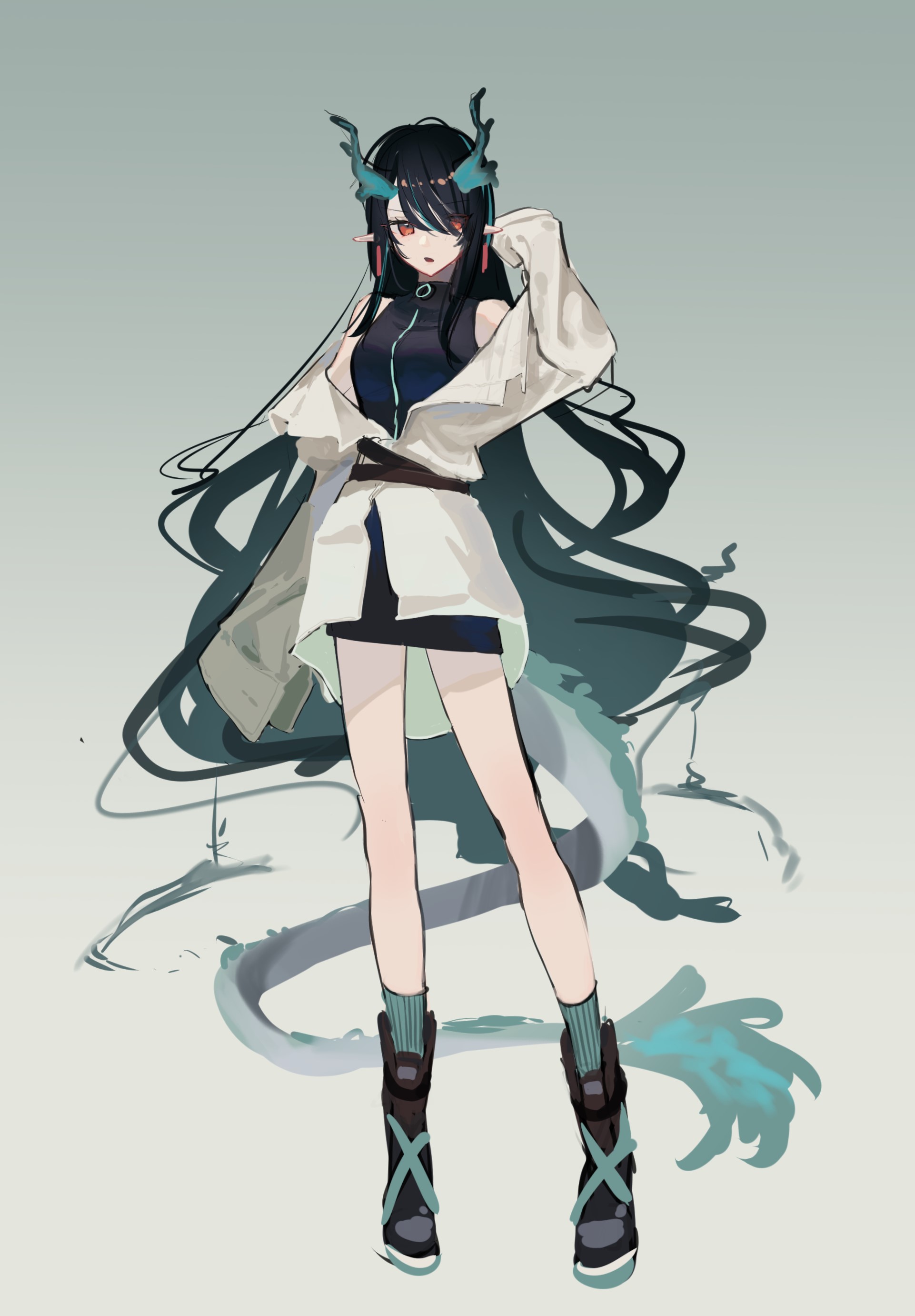1girl absurdres arknights arm_up belt black_dress black_hair dragon_girl dragon_horns dragon_tail dress dusk_(arknights) earrings fire flame-tipped_tail full_body gradient_background green_background green_hair green_horns green_socks hair_over_one_eye highres horns jewelry long_hair long_sleeves looking_at_viewer multicolored_hair natsuba002 off_shoulder open_mouth orange_eyes pointy_ears shirt shoes sleeveless sleeveless_dress socks solo streaked_hair swept_bangs tail tassel tassel_earrings white_background