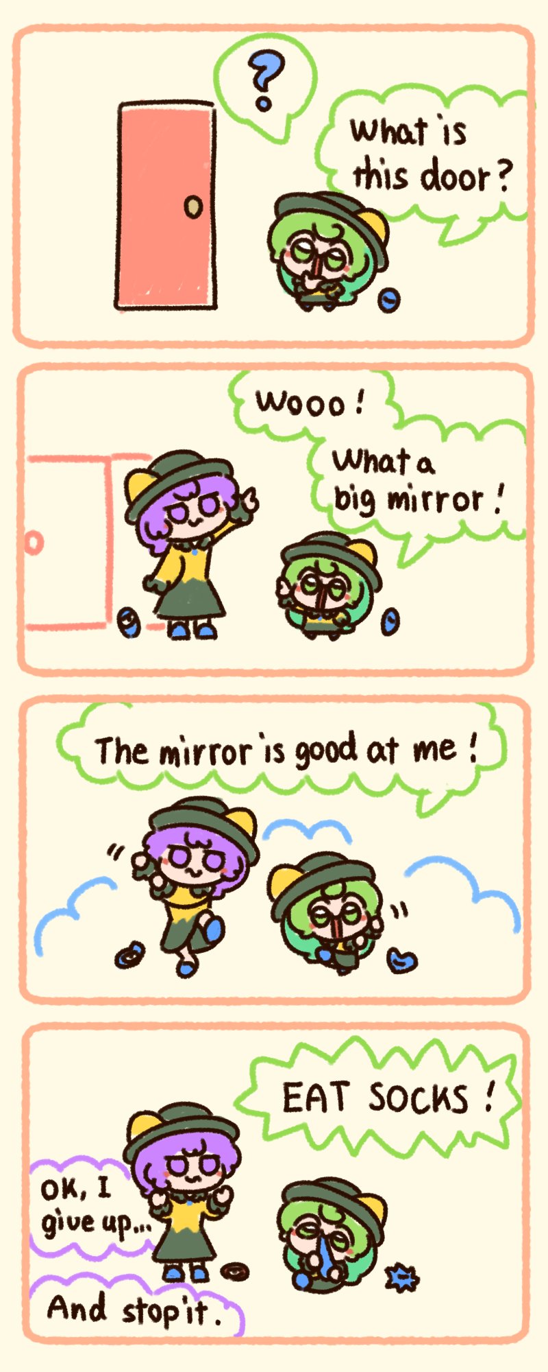 2girls 4koma :s ? black_headwear chibi comic commentary door english_commentary english_text green_eyes green_hair green_skirt highres komeiji_koishi komeiji_satori multiple_girls numenoko purple_eyes purple_hair shirt short_hair siblings sisters skirt socks speech_bubble spoken_question_mark tan_tan_pou third_eye touhou yellow_background yellow_shirt
