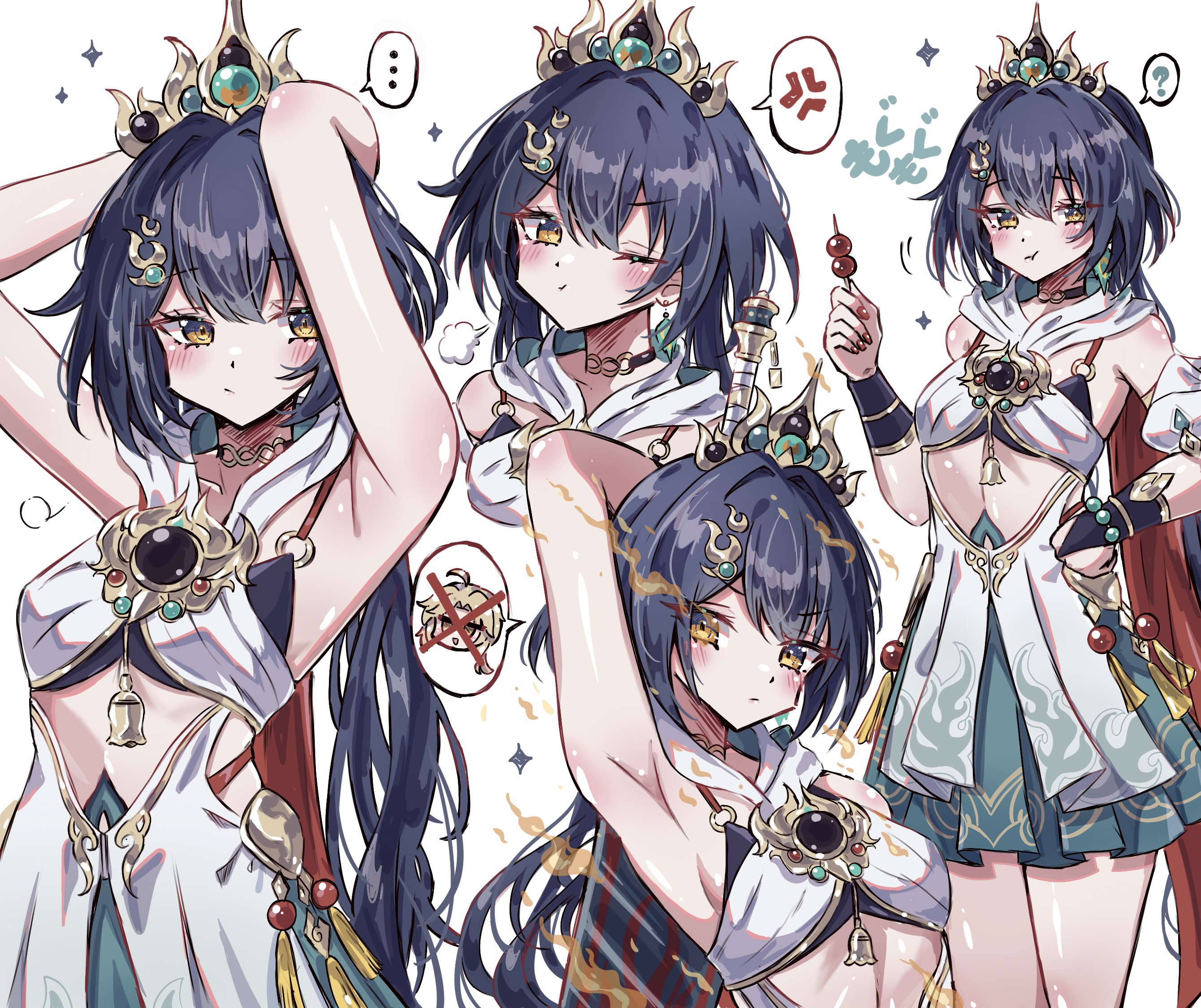 1girl aqua_dress arm_behind_head armpits blue_hair breasts chinese_clothes closed_mouth clothing_cutout commentary cowboy_shot dango dress food food_in_mouth hair_ornament highres holding holding_food honkai:_star_rail honkai_(series) long_hair multiple_girls one_eye_closed simple_background small_breasts spoken_character stomach_cutout two-tone_dress usa_(usagi_minku) wagashi white_background white_dress yanqing_(honkai:_star_rail) yellow_eyes yunli_(honkai:_star_rail)