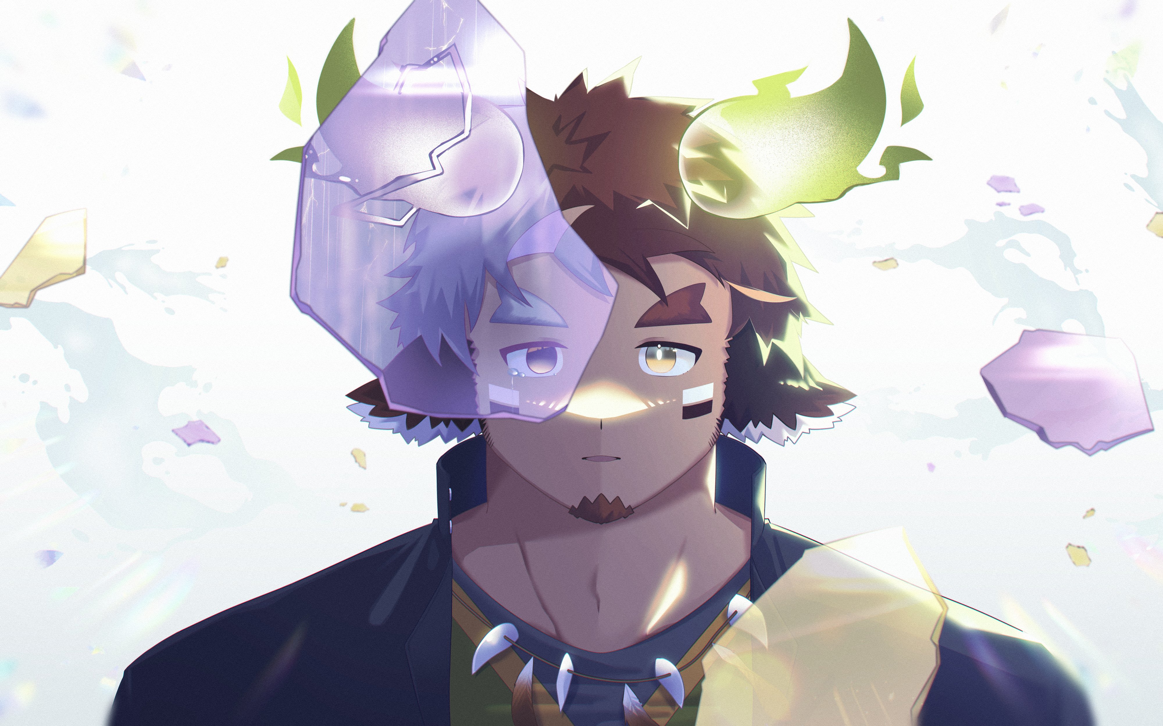 2boys absurdres animal_ears bara broken_glass commentary_request cow_boy cow_ears cow_horns crying dark-skinned_male dark_skin dual_persona expressionless eye_black facial_hair feather_necklace fiery_horns forked_eyebrows gakuran glass glowing_horns goatee green_eyes green_horns highres horns jewelry male_focus multiple_boys muscular muscular_male necklace no_pupils parted_lips school_uniform shirt short_hair sunrise_3103 thick_eyebrows tokyo_houkago_summoners upper_body wakan_tanka wakan_tanka_mugen white_hair