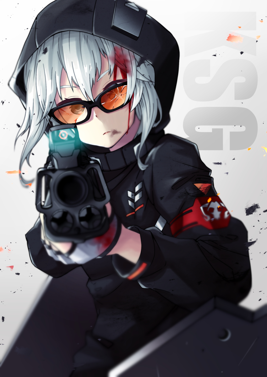 1girl acog aiming aiming_at_viewer bad_id bad_pixiv_id bleeding blood blood_on_face broken_eyewear bullpup character_name female_focus fingerless_gloves girls&#039;_frontline glasses gloves gun highres holographic_weapon_sight hood hooded_jacket jacket kel-tec_ksg ksg_(girls&#039;_frontline) nakiusagi orange-tinted_eyewear orange-tinted_glasses pump-action_shotgun pump_action reflector_sight shield_module shotgun sight_(weapon) solo sunglasses tinted_eyewear weapon white_hair